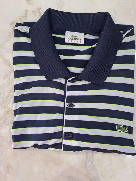 Lacoste Other - Lacoste Golf Shirt Blue and Neon Green Striped Size 7/XL